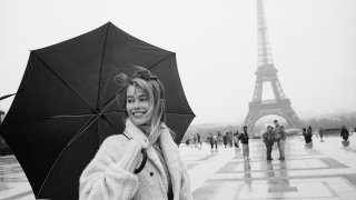 German top model Claudia Schiffer visiting Paris