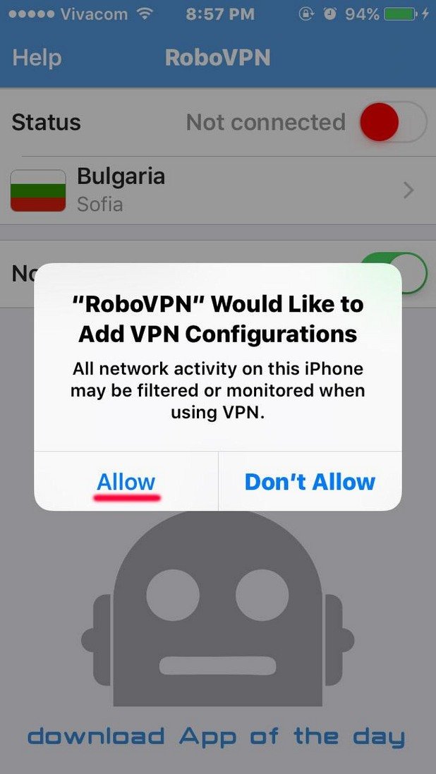 7. Показва ви се прозорец, на който пише, че Robo VPN иска да добави VPN конфигурация във вашия телефон. На следващия екран може да се наложи да си въведете пинкода на телефона, ако ви бъде поискан.