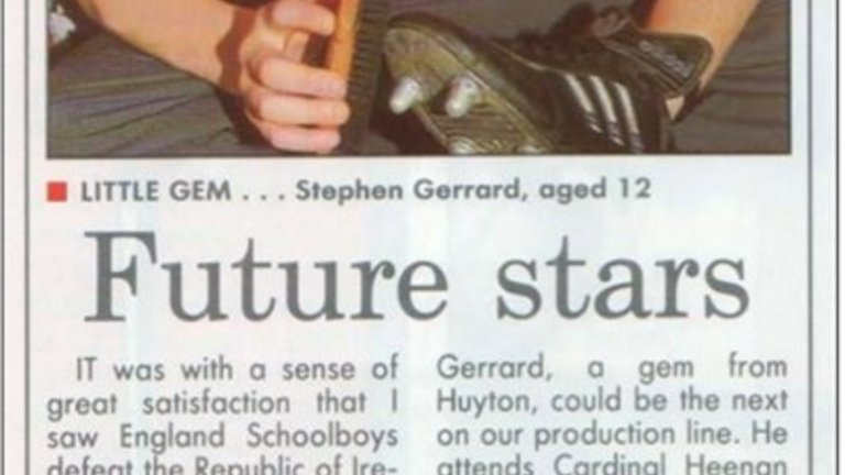 Запознайте се с "утрешната звезда" Стивън Джерард. Изрезка от вестник на статия, посветена на 12-годишния юноша на Ливърпул. Авторът със сигурност е бил тънък познавач на играта.