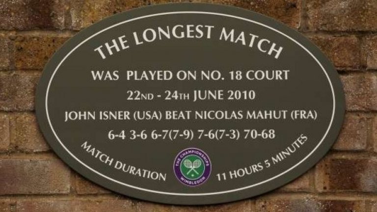 Най-дългият двубой в историята на тениса приключи след 11 часа и 5 минути игра в рамките на три дни. Американецът Джон Иснър спечели срещу французина Никола Маю с 6:4, 3:6, 6:7 (7), 7:6 (3).