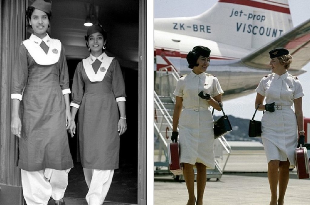 Пакистански стюардеси от  Pakistani Airways House в Лондон през 1957 (в ляво) и 2 години по-късно с променена униформа