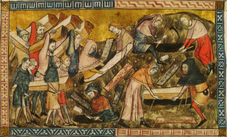 Миниатюра от XIV век, показваща погребение на жертви на чумата
