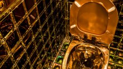 Тази тоалетна е златна (буквално) и се намира в ресторант Robots в Токио. Златната тоалетна чиния е допълнена от неонови светлини от пода, огледални стени и екрани в общата част на помещението.