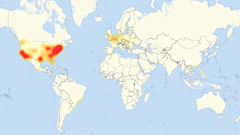 Карта на проблемите със свързването на 21 октомври в следствие на масирана DDoS атака според downdetector.com

