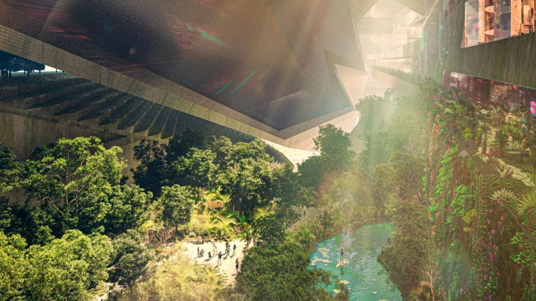 Между двете страни на града с множеството им етажи е планирано да има огромни зелени паркови пространства.