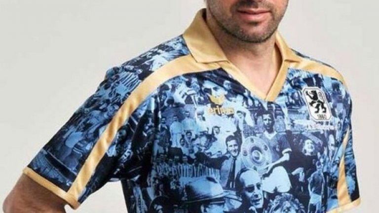 Идеята е с този екип Мюнхен 1860 да отпразнува 150-годишнината си. На фланелката са изобразени велики моменти от историята на тима, допълнени от жълти ивици в седемдесетарски стил