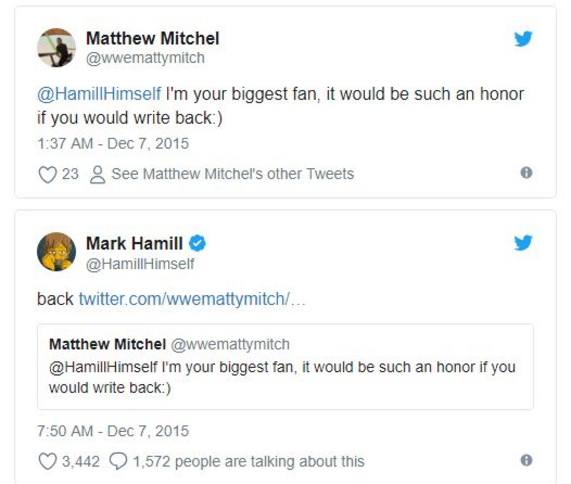6. Талантлив "трол" е

Закачките му с фенове понякога не са свързани с такива "Twitter експерименти от скука", а с отговори на техни коментари и въпроси. Пример за това е случай, в който мъж му обяснява, че е най-големият му фен и за него би било чест, ако Хамил му отговори (англ. write back - буквално се превежда като "да пишеш обратно"). Заигравайки се с думите, Хамил отвръща само едно "back" (англ. обратно).