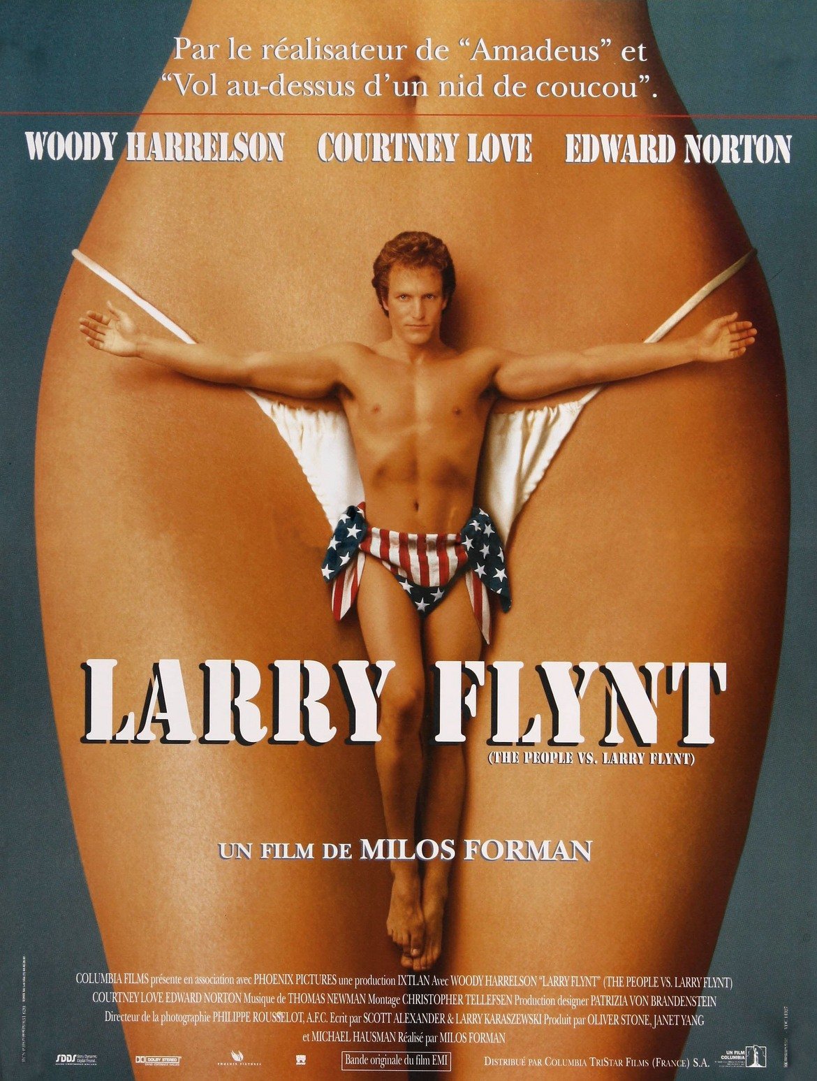 The People Vs Larry Flynt / "Народът срещу Лари Флин" 
Уди Харелсън, разперил ръце като Христос, с препаска от американското знаме и на фона на женски гениталии - какъв по-добър постер за филм, описващ живота на един от кралете на порното през миналия век в САЩ. Лентата за една от най-скандалните личности за времето си - собственикът на Hustler Лари Флинт - определено си изисква и достатъчно скандален постер. Въпросът е, че този настъпва твърде много хора по пръстите на краката, така че съвсем логично е и забранен в САЩ.