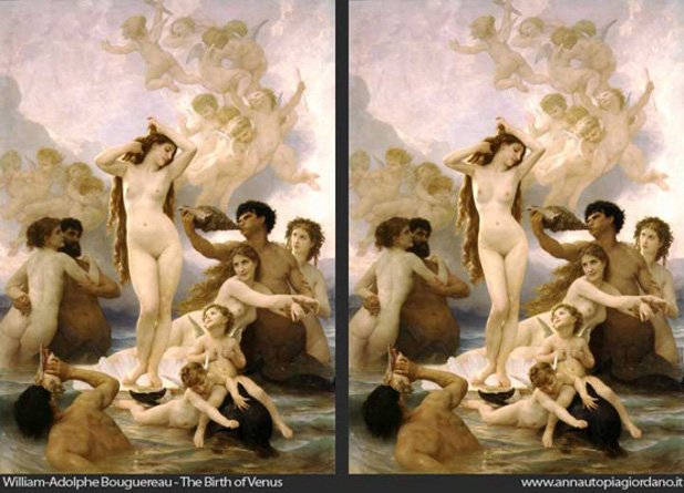 Раждането на Венера от Уилям-Адолф Бугеро, 1879 - вдясно "слабата версия"; На следващата снимка Раждането на Венера от Ботичели