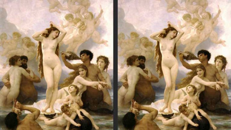 Раждането на Венера от Уилям-Адолф Бугеро, 1879 - вдясно "слабата версия"; На следващата снимка Раждането на Венера от Ботичели