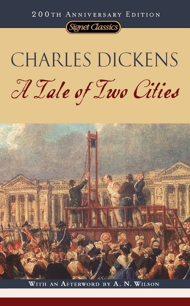 1. "Повест за два града" - Чарлз Дикенс (1859); 200 млн. копия

Това е един от най-мрачните романи на  Дикенс и вторият исторически след "Барнеби Радж". "Повест за два града"  е за Париж и Лондон, времето е Френската революция, а темата – несправедливостта. Дори и да презира аристокрацията, писателят не може да съчувства на тиранията,  разменена и приложена впоследствие от бившите слуги към бившите им господари. Дикенс не вярва в справедливостта и прогреса на революцията, която се обръща срещу самата себе си, защото бунтовниците бързо се превръщат в тираните, срещу които са воювали.
