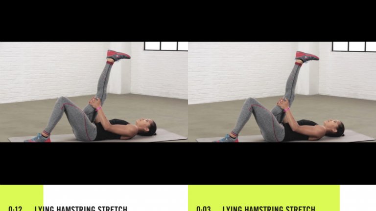 Накрая е време за възстановяване: 
Легнете по гръб и обхванете единия си крак с двете ръце зад бедрото. Издърпайте добре за 15 сек, след това повторете с другия крак.