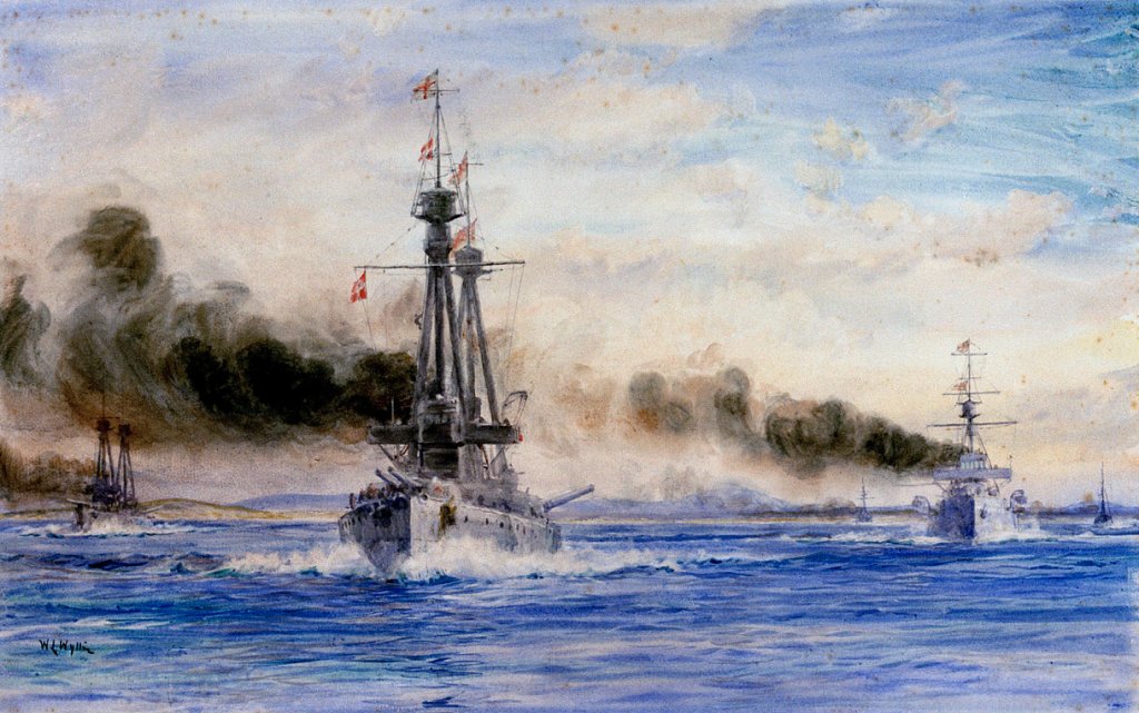 'Invincible_and_Inflexible_steaming_out_of_Port_Stanley_in_Chase'-_the_start_of_the_Battle_of_the_Falkland_Islands,_8_December_1914_RMG_PW1879