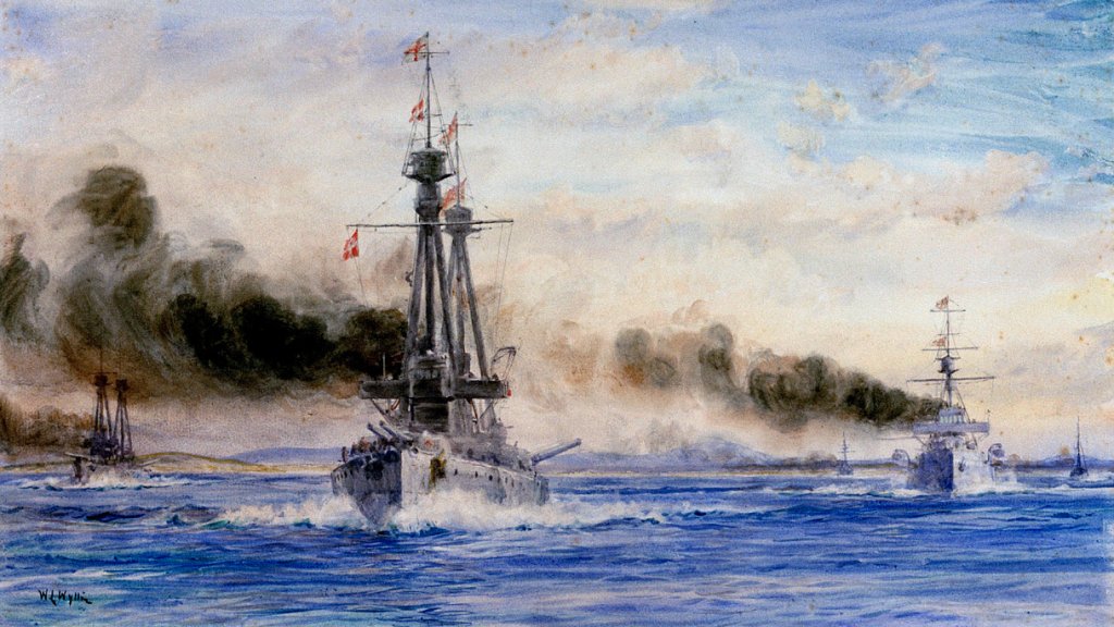 'Invincible_and_Inflexible_steaming_out_of_Port_Stanley_in_Chase'-_the_start_of_the_Battle_of_the_Falkland_Islands,_8_December_1914_RMG_PW1879
