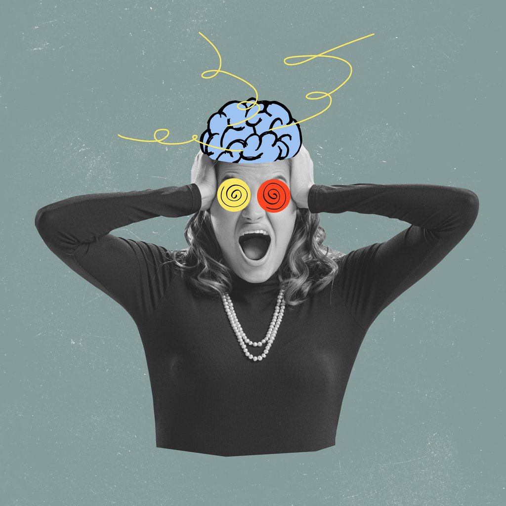 Boiling brain. Contemporary art collage, modern design. Family crises of relationship can happen at any time. Concept of male and female psychology.