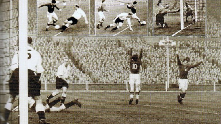 25 ноември 1953 г., Англия - Унгария
Англия никога не е губила на своя земя от съперник извън Острова.
Унгария пристига след разгроми над Чехия, Швеция, Италия и Германия по време на европейско турне същата есен.
Ференц Пушкаш и компания изнасят шоу на "Уембли" и бият с 6:3.
В 22-рата минута при 2:1 за унгарците, Пушкаш прави знаменития си гол (на снимката е в детайли).
Той получава топката в наказателното поле, но не бърза да бие, а дръпва ловко кълбото и оставя капитана на Англия Били Райт да се хлъзне безпомощно на шпагат край него. После безметежно прострелва вратаря.
След това този финт е правен многократно. Но Пушкаш създава движението, а "Уембли" аплодира възхитено.