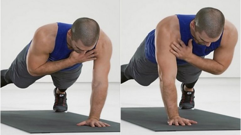 Докосване на рамената в планк – 30 сек
В позиция планк докосвайте с ръка противоположното рамо. Опитвайте се да държите останалата част от тялото си неподвижна.