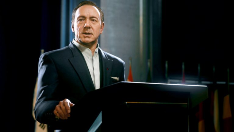 Call of Duty: Advanced Warfare - Кевин Спейси
Сингълплейър кампанията в Call of Duty: Advanced Warfare се опитва да ви мотивира с история за лична драма, отмъщение и мегаломански амбиции, но сюжетът на практика е просто още едно извинение за това да избухне глобален конфликт и поредното издание на Call of Duty да влезе в познатите релси. Присъствието на Кевин Спейси обаче издигна продукцията на едно по-различно ниво – големият актьор е пресъздаден по изключителен начин и изгражда паметен персонаж. 
Безспорно интересен бе фактът, че най-сетне Call of Duty игра предлагаше мисия и в България – към края на кампанията имате задачата да проникнете в тайна биолаборатория в Странджа. При всички обичайни недостатъци за една Call of Duty игра, Advanced Warfare се запомни именно с присъствието на Кевин Спейси и с едно от най-впечатляващите участия на голям актьор във видеоигра.