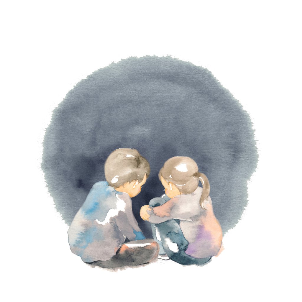 Brother and sister sitting with their backs