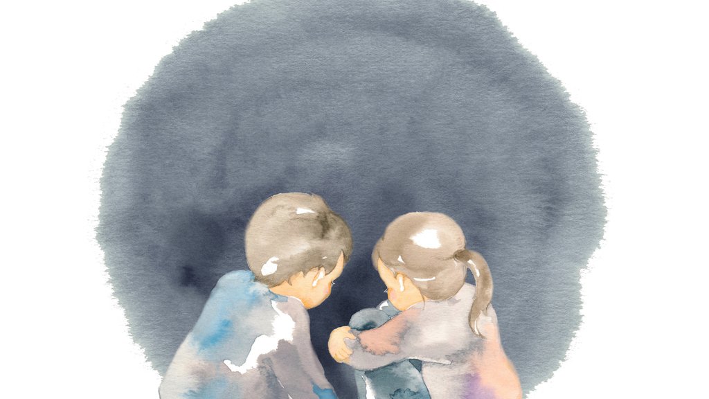 Brother and sister sitting with their backs