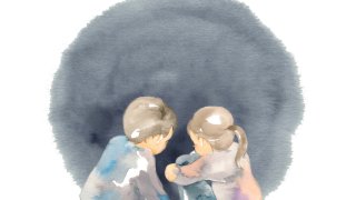 Brother and sister sitting with their backs