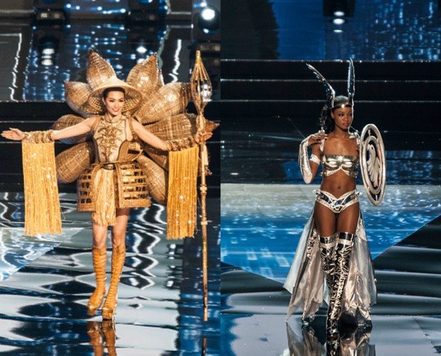 Вляво виждате Мис Виетнам, която е цялата в златно. Вдясно Мис САЩ е спестила от костюм за сметка на повечко бедро и криле на главата. А, да... И тя носи щит.