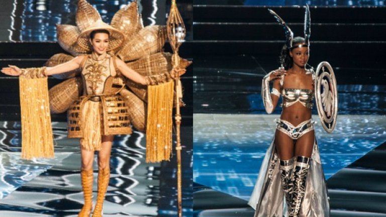 Вляво виждате Мис Виетнам, която е цялата в златно. Вдясно Мис САЩ е спестила от костюм за сметка на повечко бедро и криле на главата. А, да... И тя носи щит.