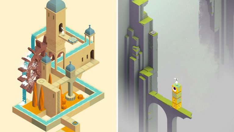 Monument Valley (за смартфон и таблет)
Стилна и емоционална пъзел игра. В нея превеждате героинята през различни нива, в които трябва да манипулирате перспективата и архитектурата, за да продължите напред. Monument Valley е не просто добра отправна точка към игрите в подобен жанр, но и изживяване с история, разказана деликатно чрез малки порции текст и визуални внушения.