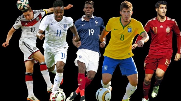 От ляво надясно: Джулиън Дракслер (Германия), Рахийм Стърлинг (Англия), Пол Погба (Франция), Лукас Силва (Бразилия) и Алваро Мората (Испания) - големите млади надежди на страните им.