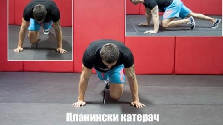6. Планински катерач (Mountain Climber) 
Планинският катерач всъщност е многоставно упражнение, което натоварва абсолютно цялото тяло и е подходящо за всеки вид кардио тренировка или комплекс, но е и изключително ефективно когато целим да изваем така желаните плочки на корема. Участващите мускули са предно бедро, седалище (глутеус ), задно бедро, коси коремни мускули (obliques). Като спомагателни участват тазобедрени сгъвачи, прав коремен мускул, прасци. Като стабилизатори участват почти всички неспоменати мускули. 
Начин на изпълнение:  Застанете в положение за лицева опора, като поставите дланите една от друга на ширината на раменете или малко по-широко. Сгънете единия крак към гърдите, стегнете коремните мускули и съберете лопатките една към друга. От изходното положение сменете местата на двата крака, повдигайки таза нагоре и сгъвайки разгънатия крак към гърдите, докато изплъзвате другия назад. 
Стремете се към: 3-4 серии и 20-60 секунди на серия според личните възможности. 
Направете го по-трудно:  Забързайте темпото, но не за сметка на добрата форма. Комбинирайте с друго упражнение (например flutter kicks). 
Направете го по-лесно като за опора не ползвате позиция лицева опора (длани), а позиция планк (лакти) и изпълнявате движението бавно и контролирано или поставите ръцете си по-високо спрямо краката (допълнителна поставка).