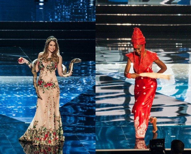 Вляво: Мис Израел, чийто национален костюм включва изкуствена змия през рамо. Вдясно: танцуващата в огнено червено мис Нигерия с нещо като кошер на главата...