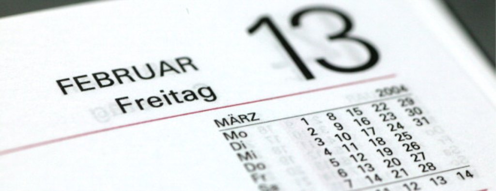 Symbolic picture: Friday the 13th ( bad luck, bad luck day, superstition ), Page of a calendar with Friday the 13th.
