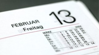 Symbolic picture: Friday the 13th ( bad luck, bad luck day, superstition ), Page of a calendar with Friday the 13th.