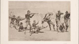 The_opening_of_the_fight_at_Wounded_Knee_by_Frederic_Remington_1891
