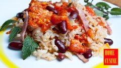 Ориз с бекон и червен боб на фурна