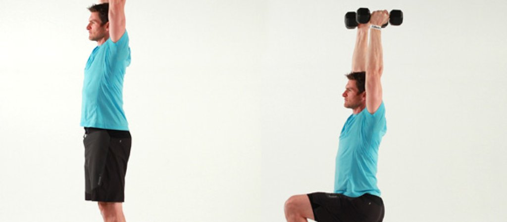 9. Напъди с дъмбели над главата – по 10 на крак