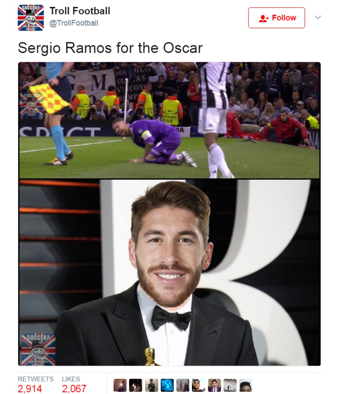 Серхио Рамос заслужава "Оскар" за наглото си преиграване в ситуацията, която донесе втори жълт картон на Куадрадо. Социалните мрежи не пожалиха капитана на Реал