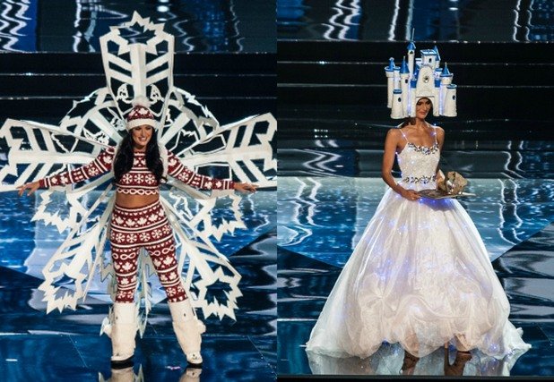 Вляво: Мис Канада, облечена като снежинка, тръгнала на ски... Вдясно виждаме мис Германия, която има замък на главата. Повтаряме: замък на главата.