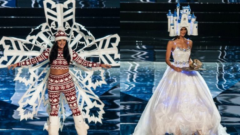Вляво: Мис Канада, облечена като снежинка, тръгнала на ски... Вдясно виждаме мис Германия, която има замък на главата. Повтаряме: замък на главата.