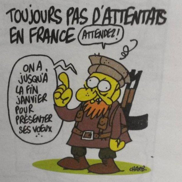 В деня на атаката списанието публикува в Twitter карикатура на лидера на „Ислямска държава" Абу Бакр ал-Багдади. 

 "Все още няма никакъв извършен атентат във Франция. Почакайте. Има време до края на януари да се изпълнят пожеланията", казва той.