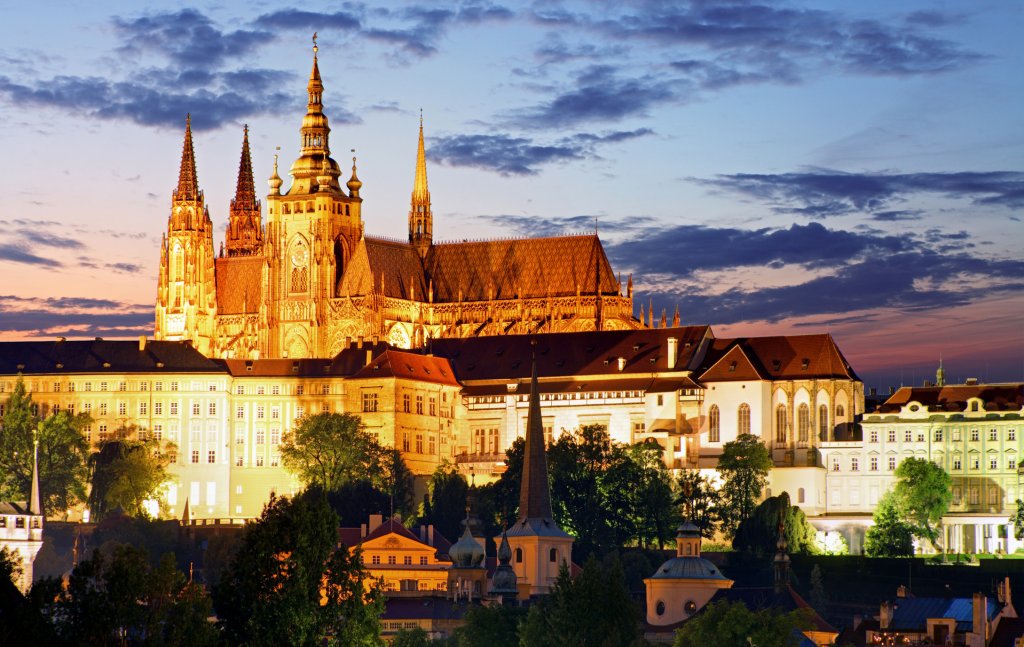 Prague castle and Charles bridge at night