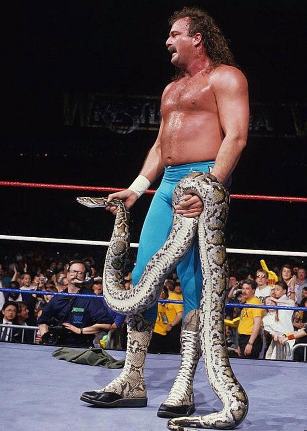 Джейк "Змията" Робъртс - звезда с истинска змия на ринга, която за щастие държеше здраво.