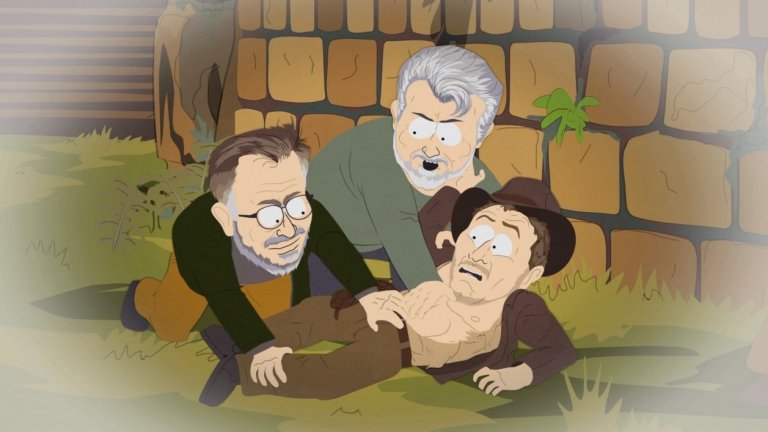 Сезон 12 - The China ProblemТрей Паркър и Мат Стоун меко казано не харесват „Индиана Джоунс и кралството на кристалния череп“. По тази причина в епизода има сцена, в която Стивън Спилбърг и Джордж Лукас буквално изнасилват беззащитния Индиана Джоунс, а децата от Саут Парк наблюдават гледката в абсолютен ужас.