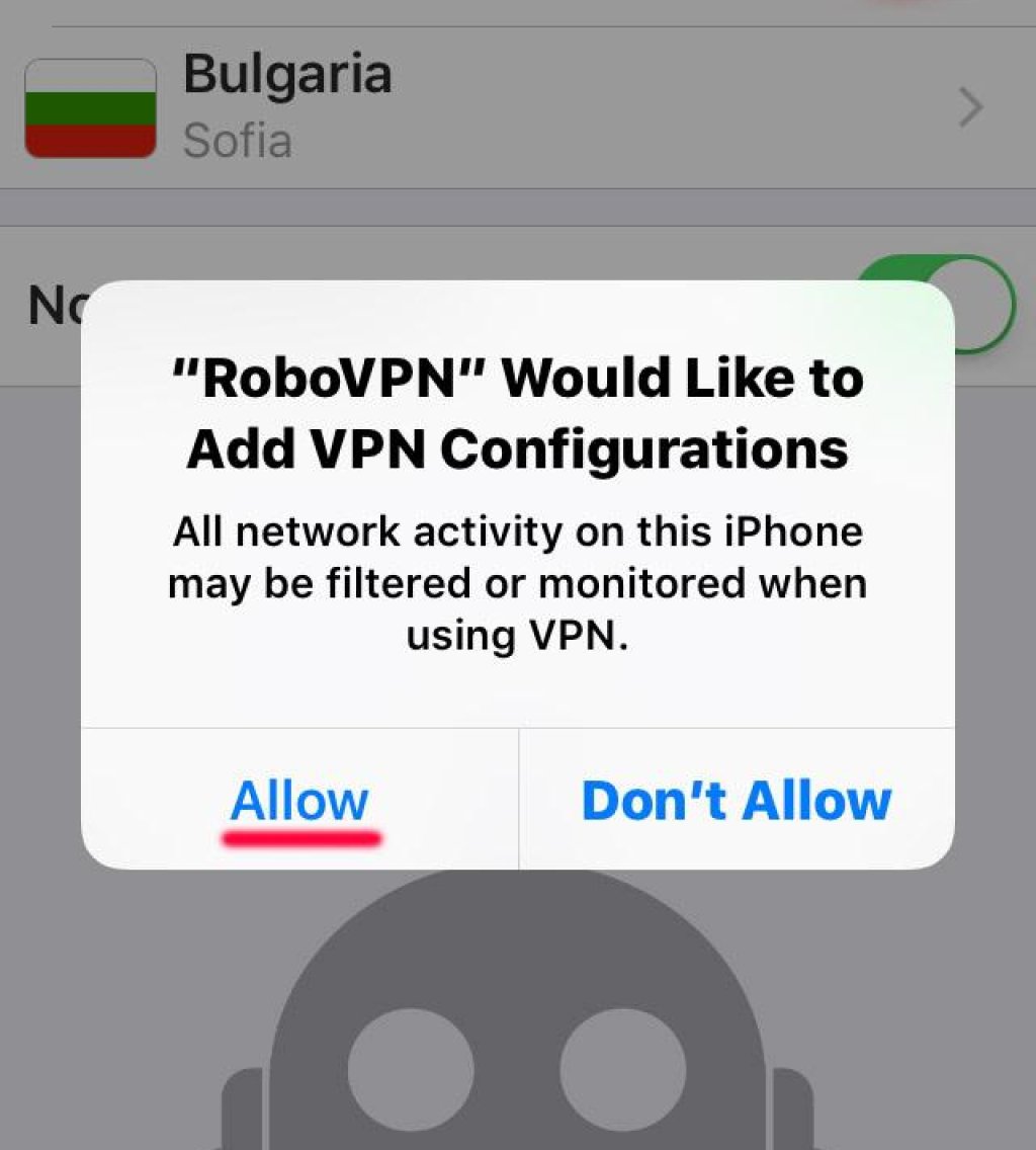 Показва ви се прозорец, на който пише, че Robo VPN иска да добави VPN конфигурация във вашия телефон. На следващия екран може да се наложи да си въведете пинкода на телефона, ако Ви бъде поискан.