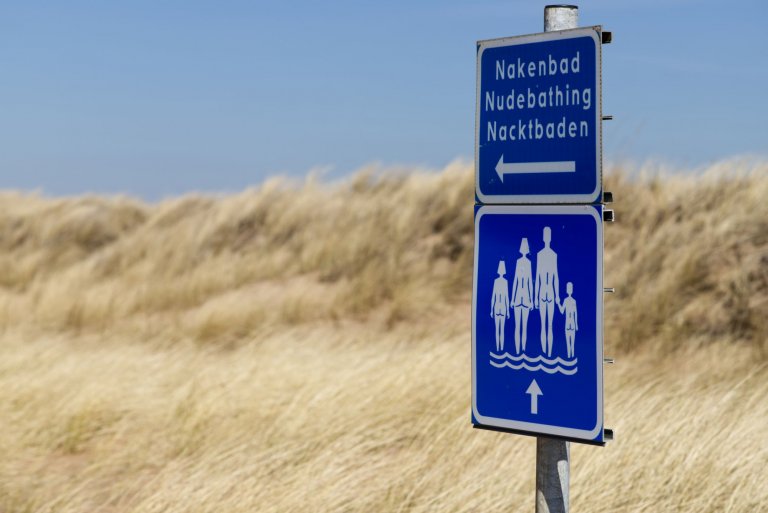 "Дори на свободомислещите, непреклонни пред чуждите влияния деца на суровата нордическа природа в един момент ще им се наложи да се подчинят на задушаващата модерна доктрина." (на снимката: табелата на нудистки плаж в Швеция)