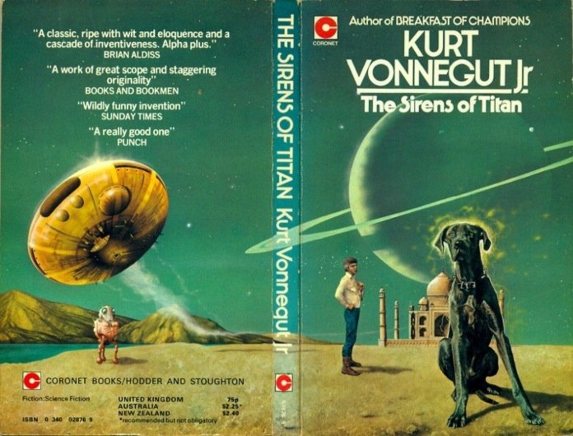 "Сирените на Титан" - Кърт Вонегът (1959 г.)
"Сирените от Титан" е ексцентрична лудория във времето и пространството, както и в сферата на морала. Малачи Констант, най-богатият и най-поквареният човек в Америка през ХХІІ век, получава предложение да предприеме пътешествие до далечни фантастични светове в компанията на красива жена. От Земята, към Марс, Меркурий и дори до Титан, спътника на Сатурн - той преминава през едно голямо търсене на смисъла от нещата в живота. Книгата е забавна и абсурдна, но поставя на преден план множество философски въпроси.