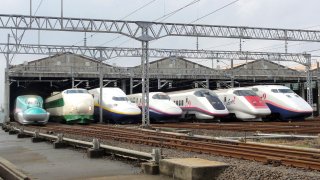 JR_East_Shinkansen_lineup_at_Niigata_Depot_201210