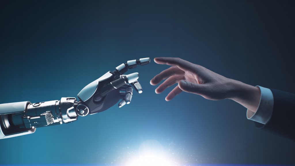 3D Render businessman touching robotic hand