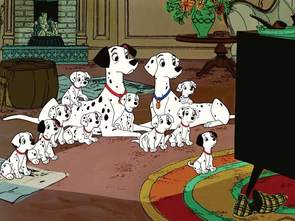 6. One Hundred and One Dalmatians / "101 далматинци" (1961 г.) 
Въпреки че след "Спящата красавица" от 1959 г. студиото минава в сериозен режим на съкращаване на разходи, малцина биха усетили това по "101 далматинци". Филмът върви леко и плавно, самата анимация има характерен усет, а на върха на всичко друго получаваме и един от най-запомнящите се злодеи в анимации изобщо  - Круела ДеВил. 
Филмът е и също така доказателство за времето си, че самата компания "Дисни" може да поема и в нови посоки.