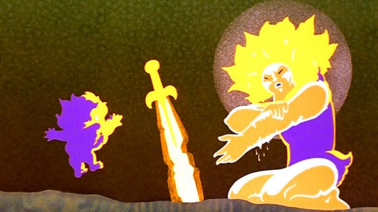 19. "Син на белия кон" (1981), реж. Марсел Янкович
Този унгарски анимационен филм използва ярки цветове, символични, геометрични форми и пулсиращо движение, за да разкаже мистичната история на мъж със свръхчовешка сила, роден от бял кон. Филмът, изобилстващ от алюзии към древната унгарска история и народните приказки, визуално улавя магията, въплътена в приказките.
Следваме главния герой през героичното му пътешествие да отмъсти на драконите, които са пленили майка му преди години.
Поразителната, призматична визия ни води през това приключение, изобилстващо от фолклорни архетипи и символизъм. Янкович създава вълшебен свят с тази фантастична история, разказана чрез колоритна, психеделична анимация. Целият филм е вихрена маса от удоволствие за сетивата.